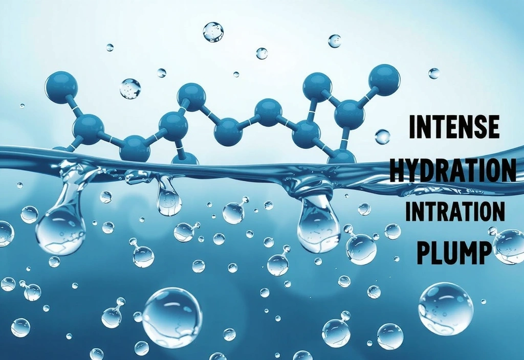 A stylized representation of hyaluronic acid molecules binding to water droplets, illustrating intense hydration and plumping effects on skin.