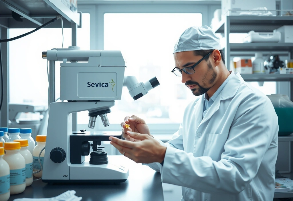 A scientist in a lab coat examining natural ingredients under a microscope, symbolizing rigorous quality control.
