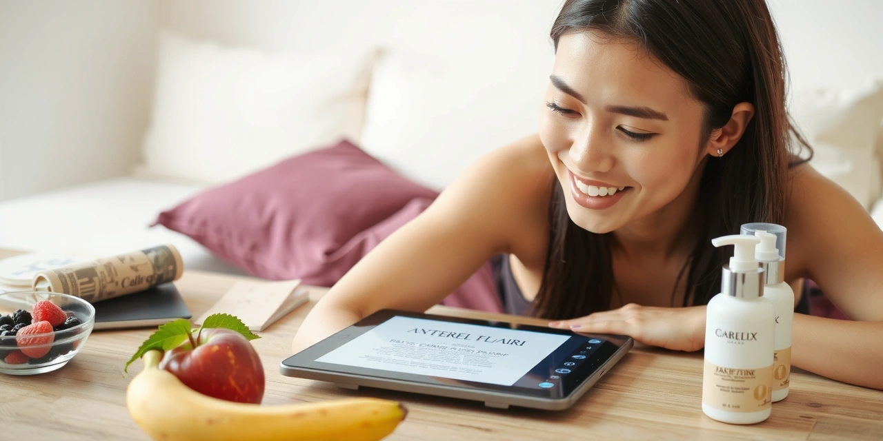 A person reading an article on a tablet surrounded by healthy fruits and skincare products